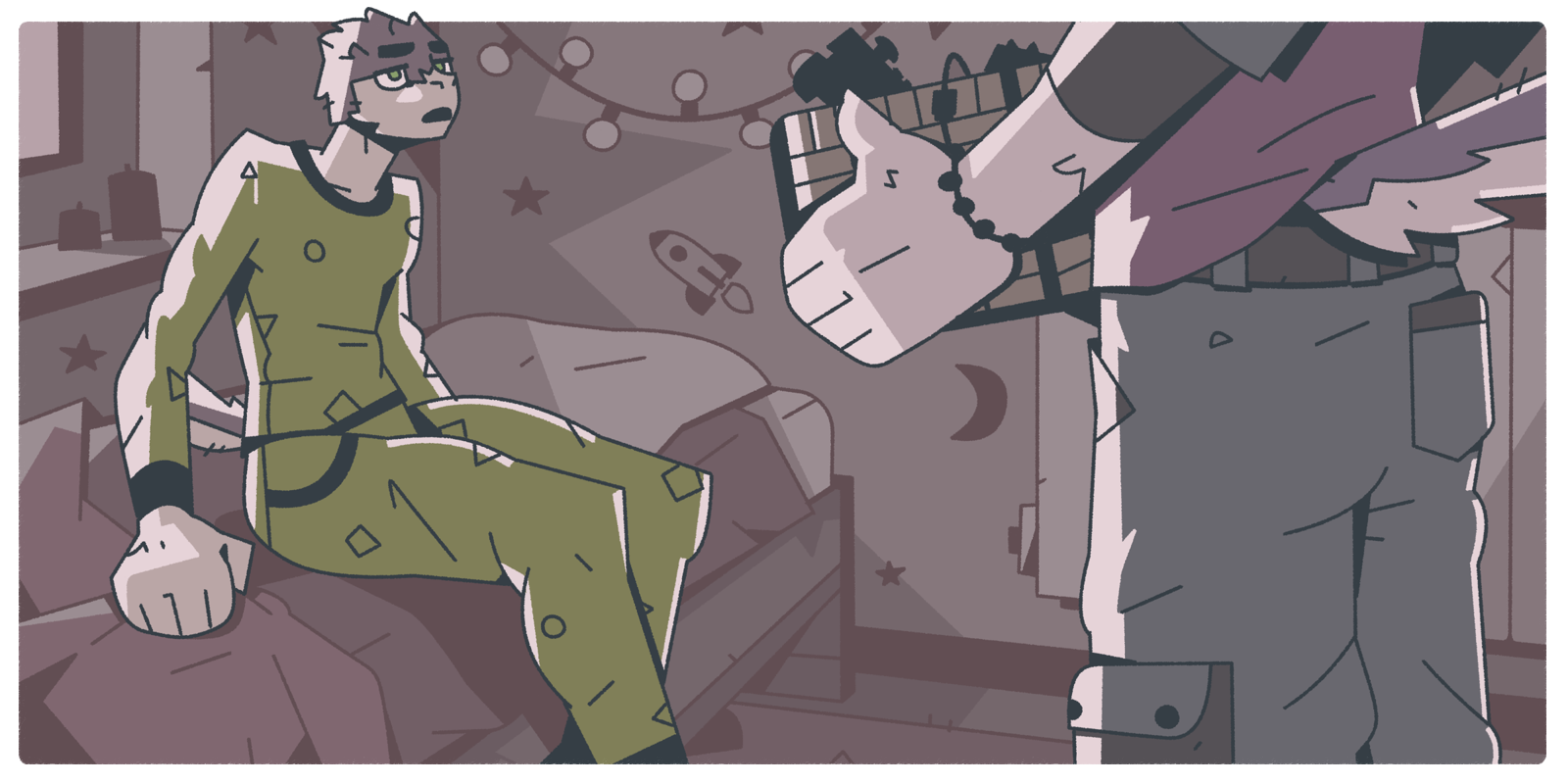 Rowan sitting on his bed, talking to a younger Briar.